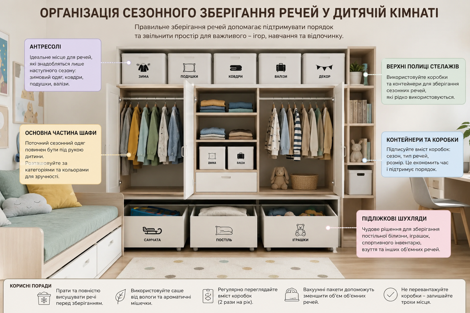 Організація сезонного зберігання речей у дитячій кімнаті